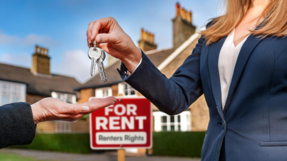 Suburban House in the background, with a red 'for rent' sign in front of the house. In the foreground a female landlord hands over keys to a tenant.