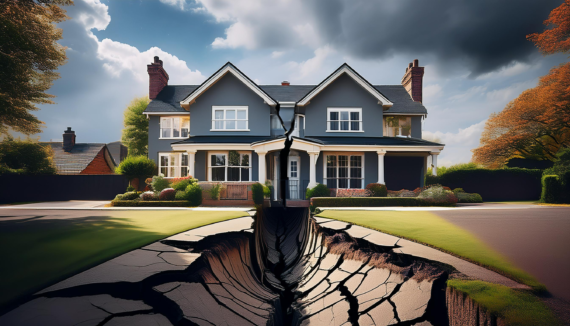 A large blue house sits in the background, with a large crack down the middle. This crack extends through the front garden into the foreground of the image.